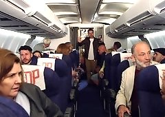 Pilot and a couple of sexy flight attendants fuck on the plane