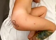 Close up POV banging curly cunt and cum on tattooed booty, large ejaculation