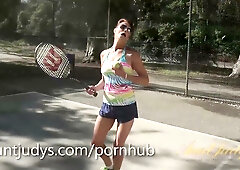 Mimi Moore strips down and fingers herself on the couch after tennis training