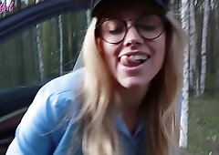 Pretty blonde MILF Kristina Sweet sucks big cock on roadside (POV)