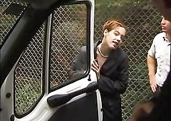 Large booty hotty pounded by 2 studs in their RV, making her climax hard all over the place.