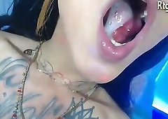 flexible latina Tranny with full tattoos jerk off and eat up her own cum