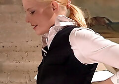 Lesbian Blonde Maid Teases in Lingerie