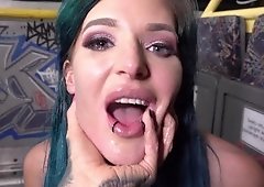 Blue-haired whore with tattooed sexy body gets screwed hard