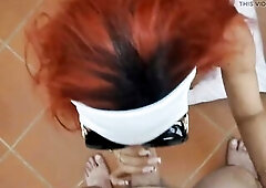 On my knees, wearing hot clothing, sunglasses, and a red wig, I take his ramrod in my throat and work it with my tongue and lips. That guy cums in my 