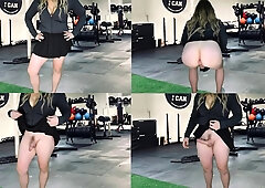 Shemale in miniskirt flashes in the gym