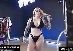 WIFEY Tattooed Hotwife Subgirl Takes 5 Weenies Airtight In Coarse Group sex