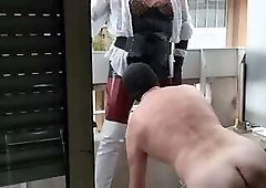 Mature transvestite sucked and ass licked on balcony